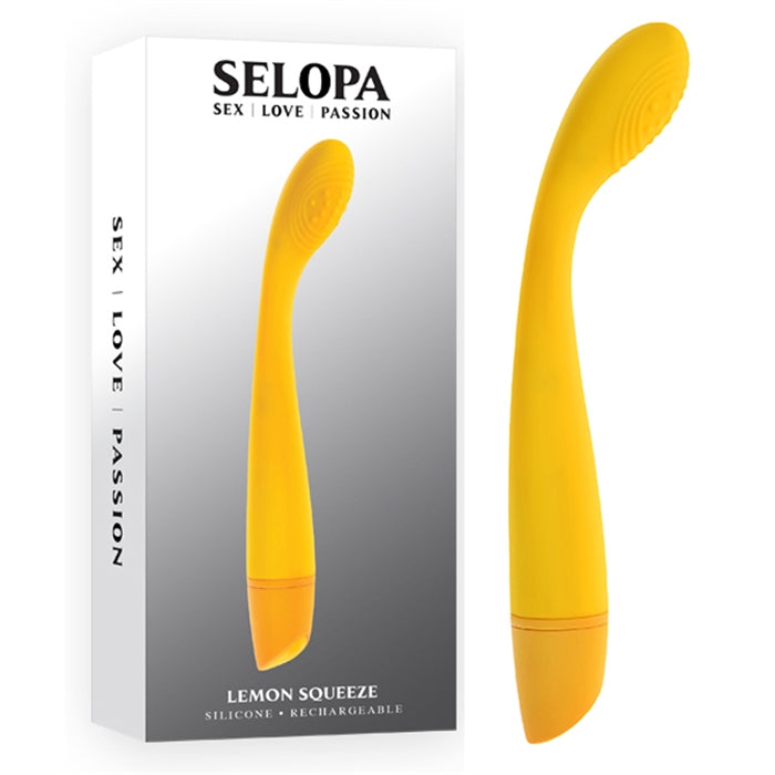 Lemon Squeeze Rechargeable Slim G-Spot Vibrator in yellow from Selopa, out of box side view. next to product in box.