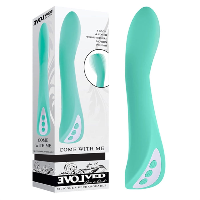 Come With Me Rechargeable Rocking Motion Vibrator by Evolved out of box view with product packaging.