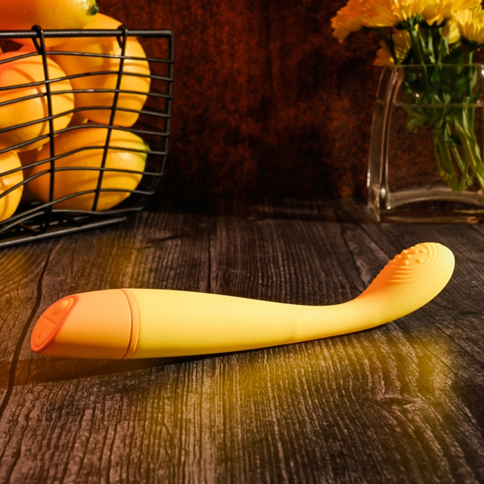 Lemon Squeeze Rechargeable Slim G-Spot Vibrator in yellow from Selopa, out of box side view of button control.