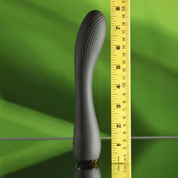 Midnight Magic Textured Rechargeable G-Spot Vibrator in black from Selopa, Out of box side view of  height measurement.