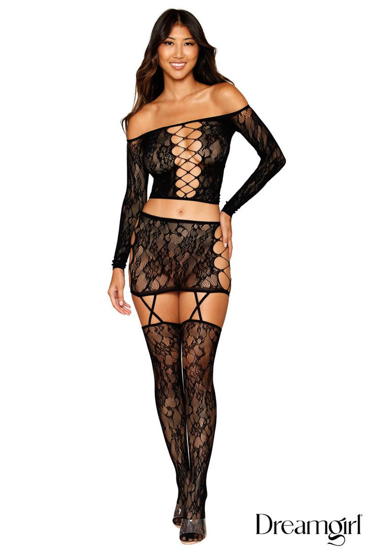 Dreamgirl 2PC Lace Longsleeved Top Garter Skirt W/ Stockings  - Style 0317 Front view