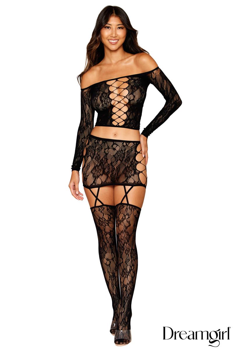 Dreamgirl 2PC Lace Longsleeved Top Garter Skirt W/ Stockings  - Style 0317 Front view