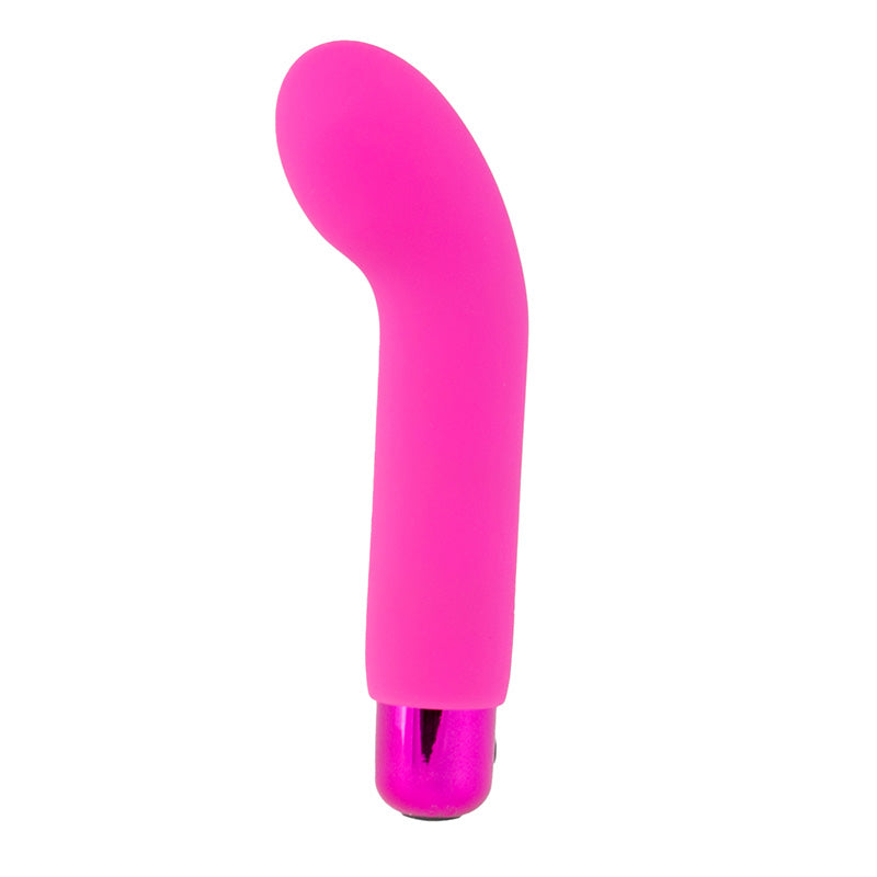 Sara's Spot Mini G-Spot Rechargeable Vibrator in pink shown out of packaging.
