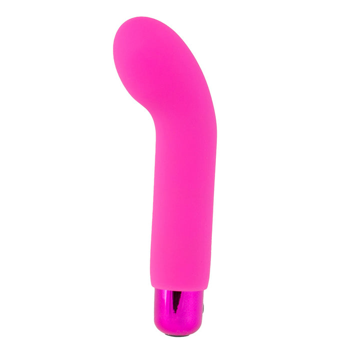 Sara's Spot Mini G-Spot Rechargeable Vibrator in pink shown out of packaging.