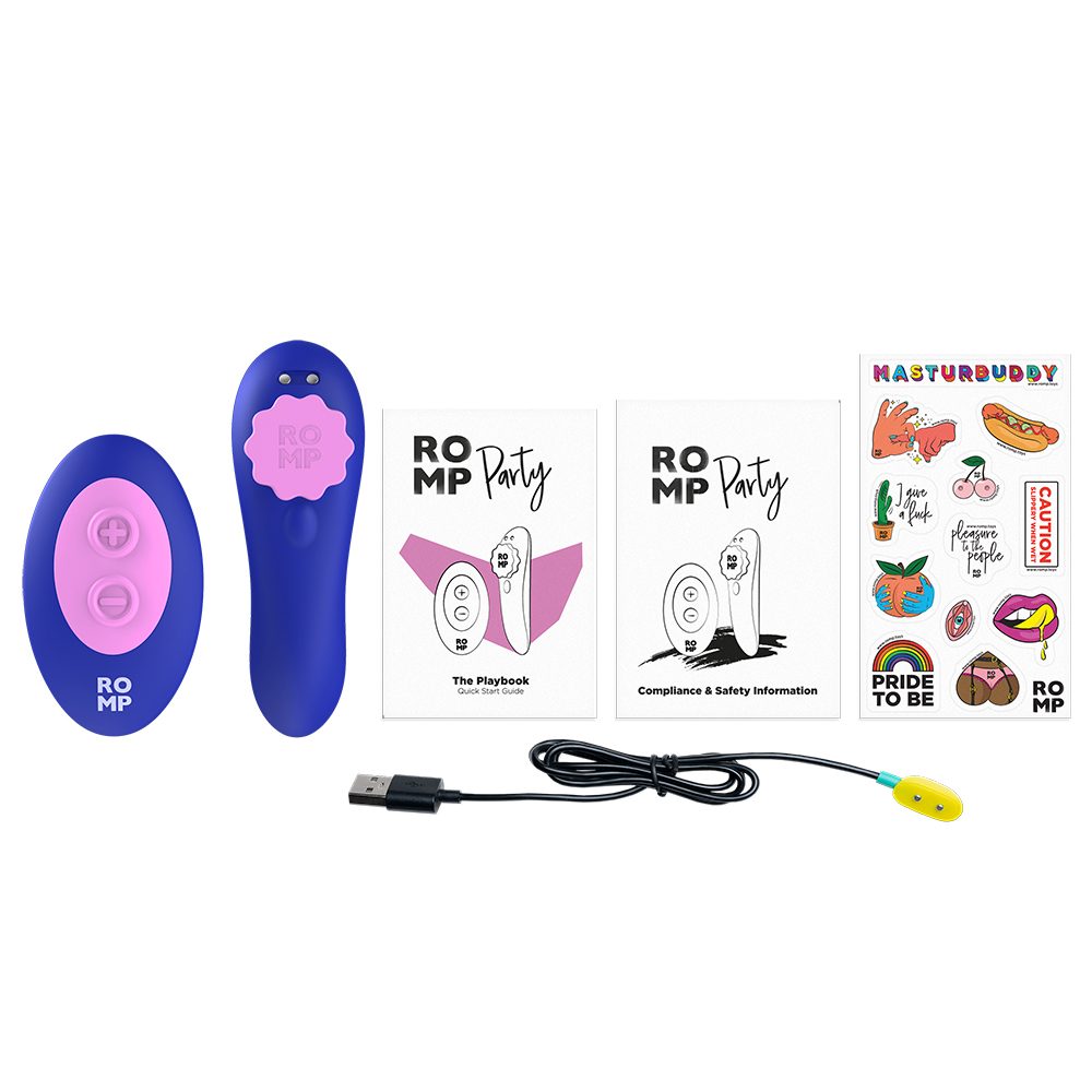 PARTY by Romp Magnetic Wearable Vibrator W/ Remote Box Contents