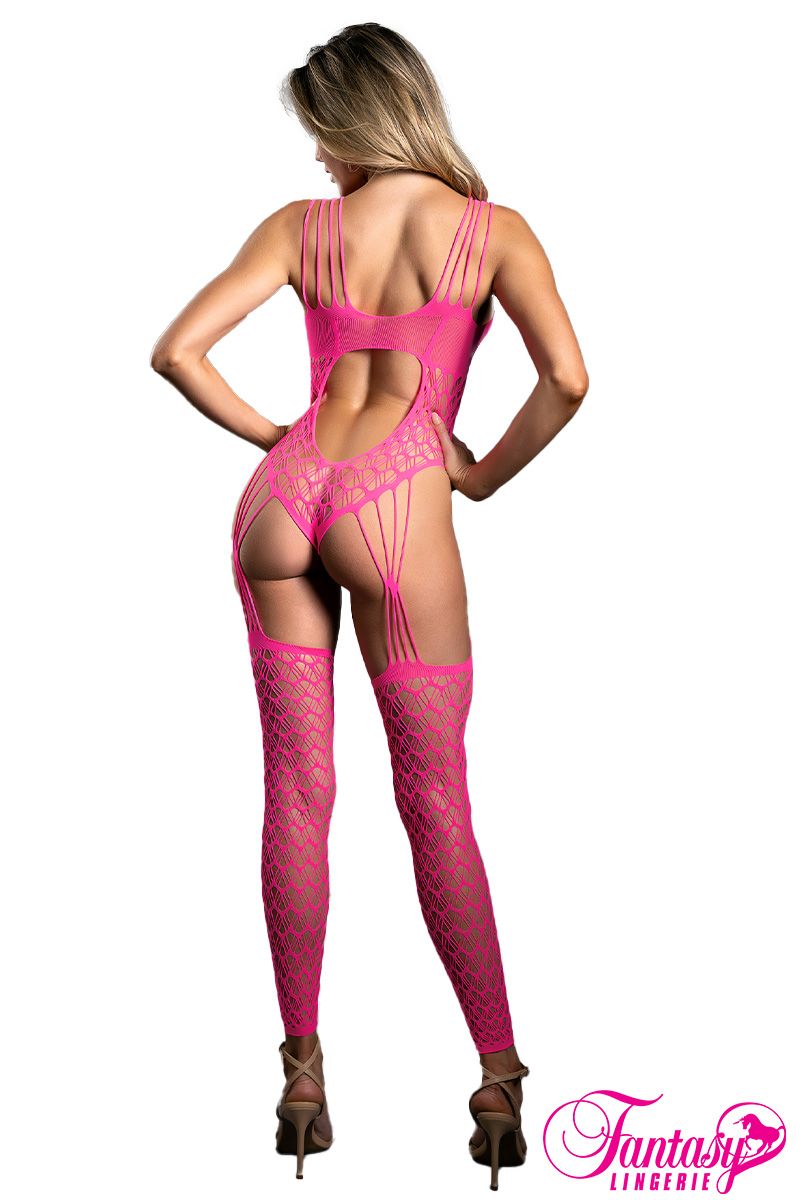 Neon Pink GeometricFishnet Teddy Bodystocking - Style SF1001  Back View