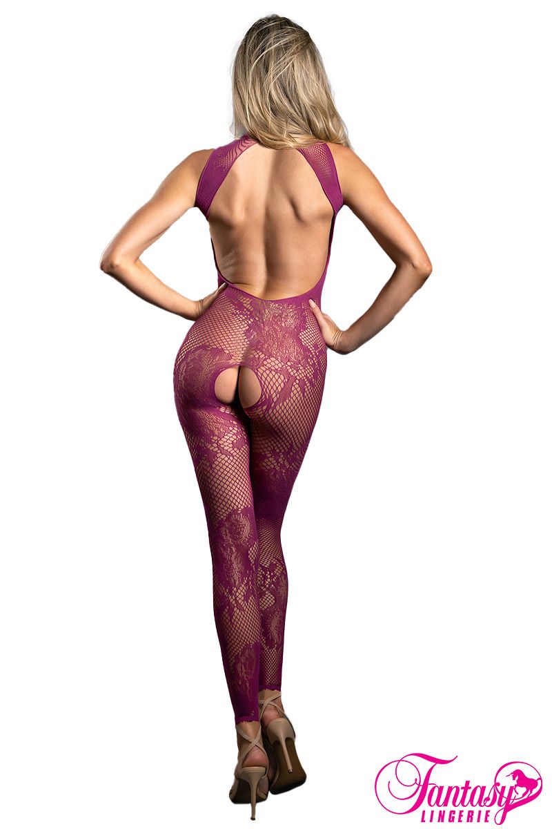 Magenta Floral Open Back Bodystocking - Style SF1003  Back View