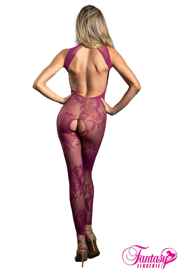 Magenta Floral Open Back Bodystocking - Style SF1003  Back View
