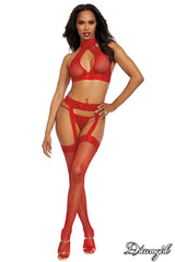 Dreamgirl Holiday Red 3pc Halter Top, G-String & Garterbelt Stockings Set- Style 0375 - Lingerie & Hosiery - Sexessories Parksville