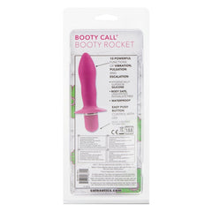 Booty rocket back of packaging - featuring 10 powerful vibrations, body-safe silicone, easy-to-use control