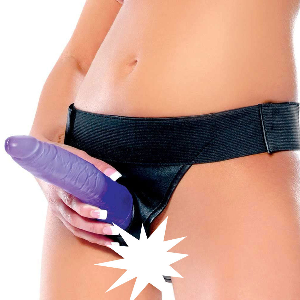 Close up picture of the crotchless strap-on harness with dildo