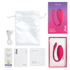 We-Vibe Jive App-Controlled Wearable G-Spot Vibrator accessories included: silky carry bag, lube, and USB magnetic charge cable.