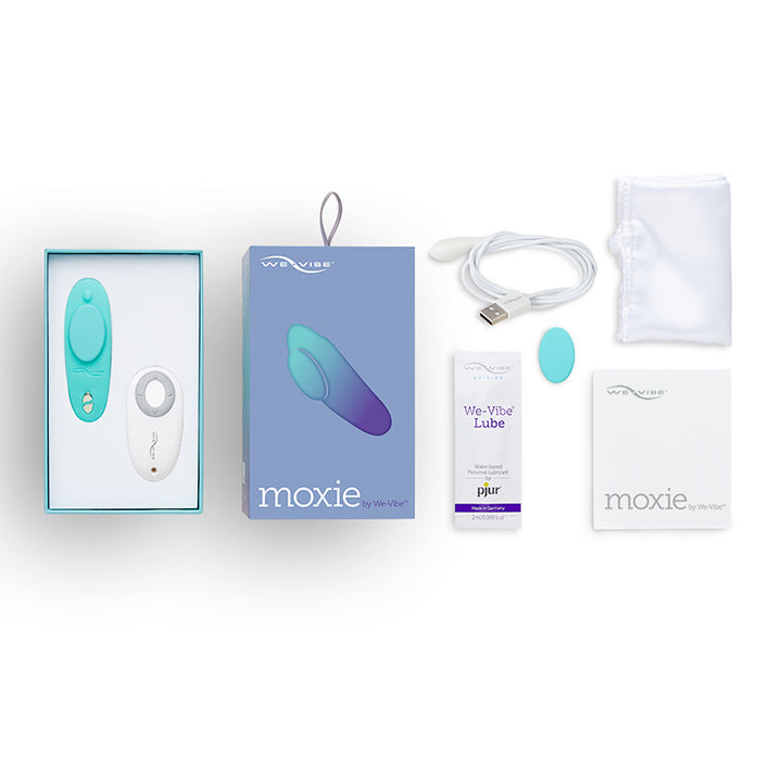 Moxie includes remote control, lubricant, USB charge cable, and silky carrying bag
