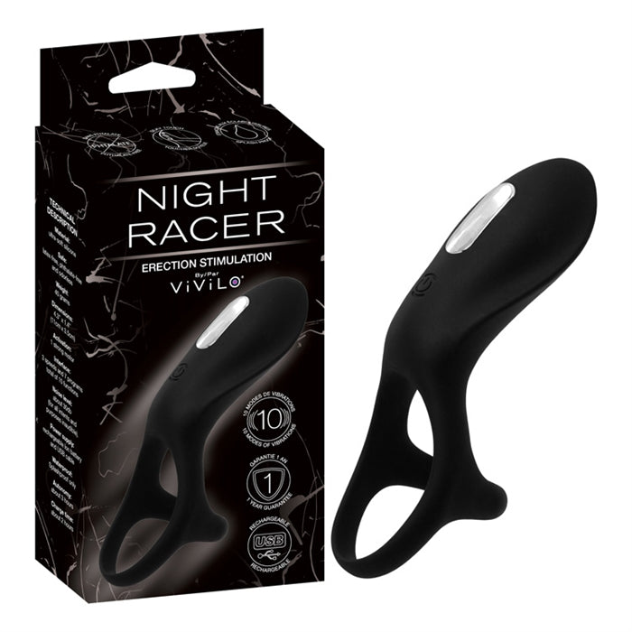 NIGHT RACER Vibrating Erection Stimulator RING W/ Testicle Strap by Vivilo