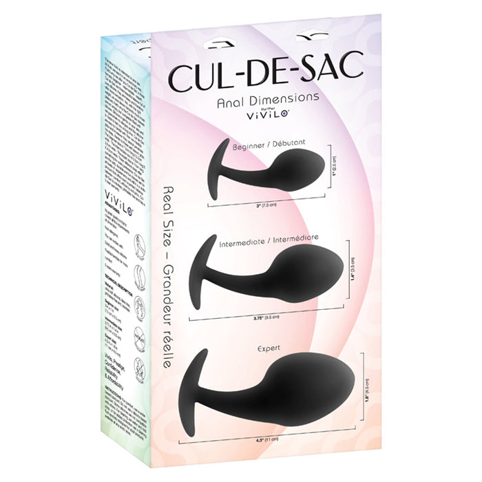 Anal Training Kit 3 Piece Silicone Cul-De-Sac Plugs Back of Box