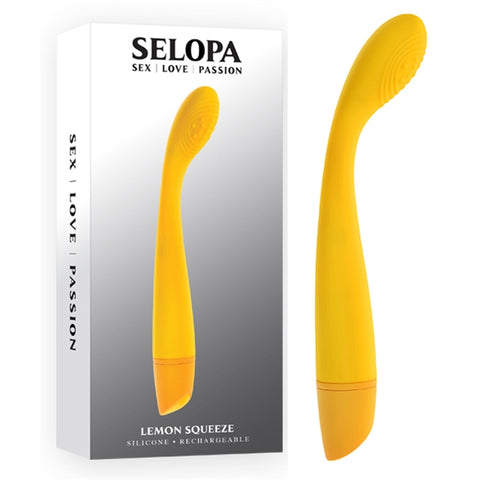Lemon Squeeze Rechargeable Slim G-Spot Vibrator in yellow from Selopa, out of box side view. next to product in box. 