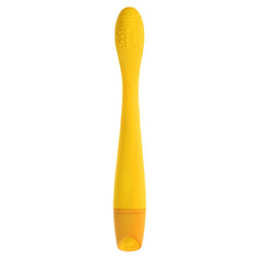 Lemon Squeeze Rechargeable Slim G-Spot Vibrator in yellow from Selopa, out of box from view of textured pad. 