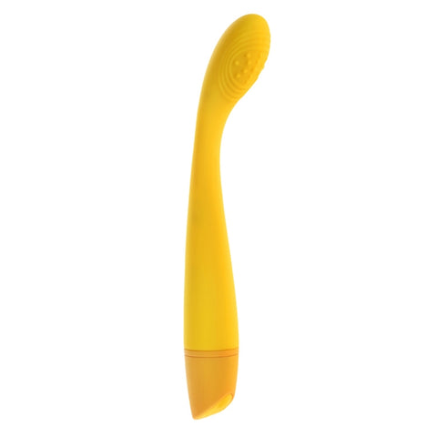 Lemon Squeeze Rechargeable Slim G-Spot Vibrator in yellow from Selopa, out of box side view. 