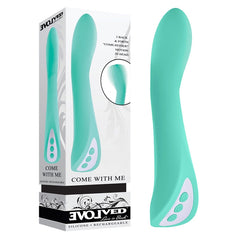 Come With Me Rechargeable Rocking Motion Vibrator by Evolved out of box view with product packaging. 