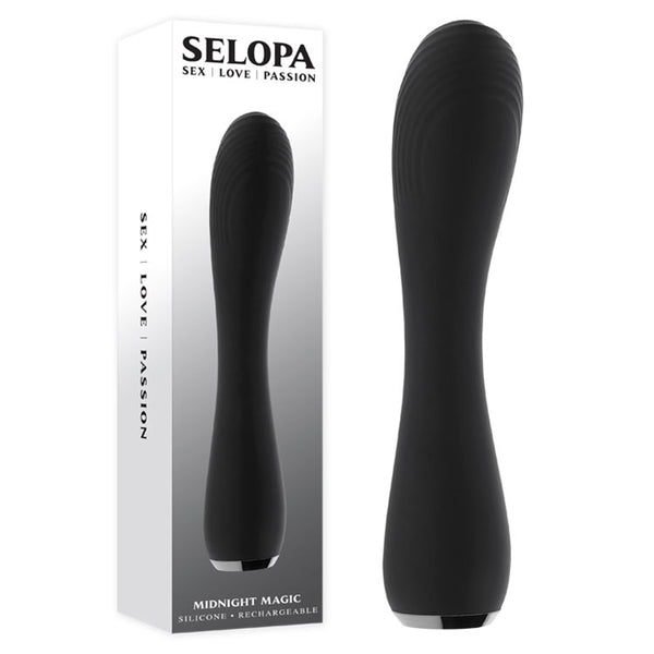 Midnight Magic Textured Rechargeable G-Spot Vibrator in black from Selopa, Out of box side view next to product in the box. 