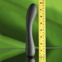 Midnight Magic Textured Rechargeable G-Spot Vibrator in black from Selopa, Out of box side view of  height measurement. 