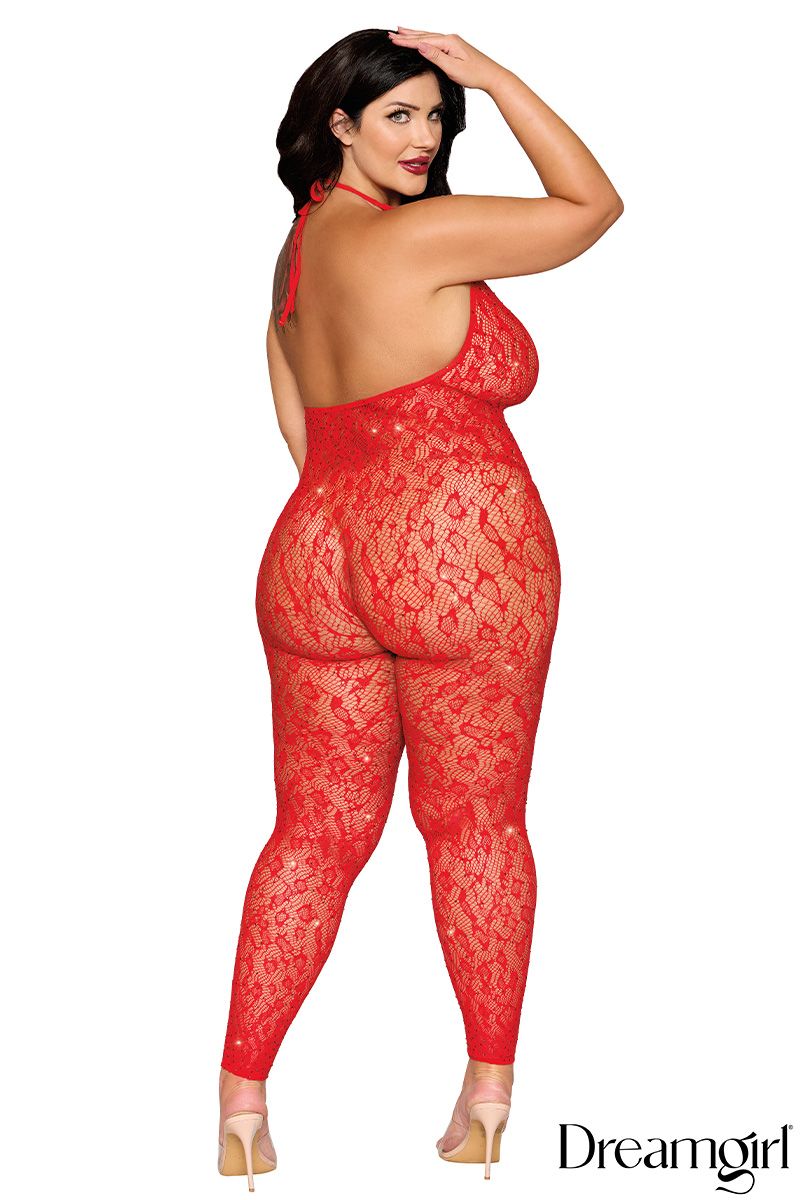 Dreamgirl Red Leopard Rhinestone Footless Bodystocking Queen Size- Style 0517X back view