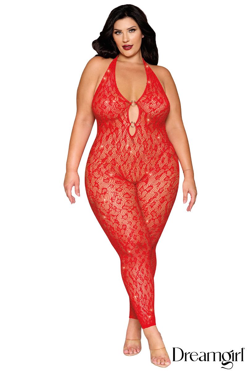 Dreamgirl Red Leopard Rhinestone Footless Bodystocking Queen Size- Style 0517X front view