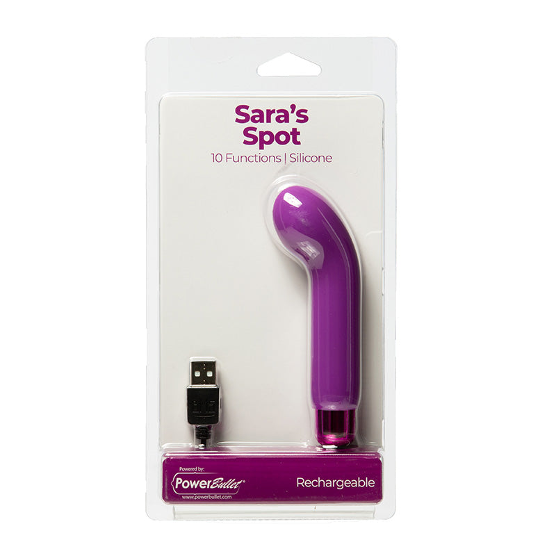 Sara's Spot Mini G-Spot Rechargeable Vibrator in purple option shown in packaging. 