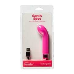 Sara's Spot Mini G-Spot Rechargeable Vibrator in pink option shown in packaging. 