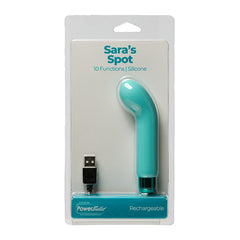 Sara's Spot Mini G-Spot Rechargeable Vibrator in blue option shown in packaging. 