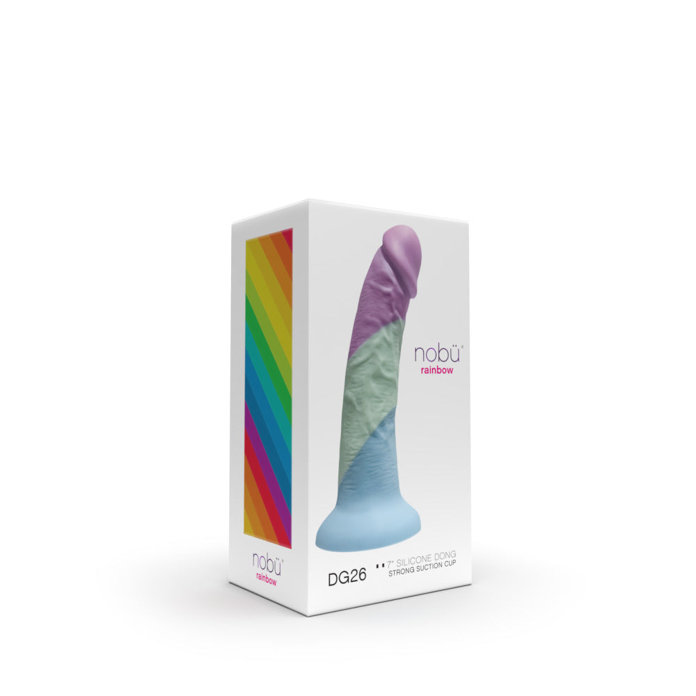 Nobu Rainbow Silicone 7 Inch Dildo W/ Strong Suction Cup - DG26- Front of Box