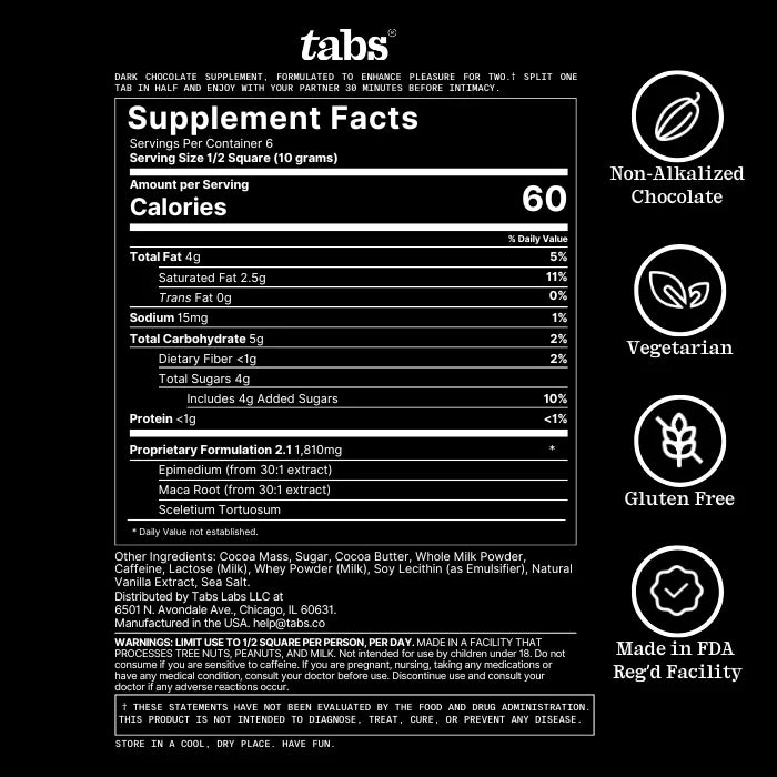Tabs Sex Chocolate - 3 Dark Chocolate Squares / Per Box