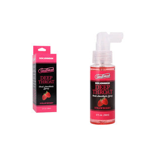 Deep throat strawberry spray bottle displayed next to package