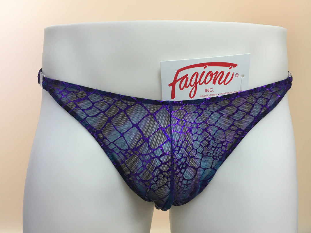 Fagioni Sheer Metallic Ombre THONG Underwear W/ Clips Style 5143 in purple/blue front view