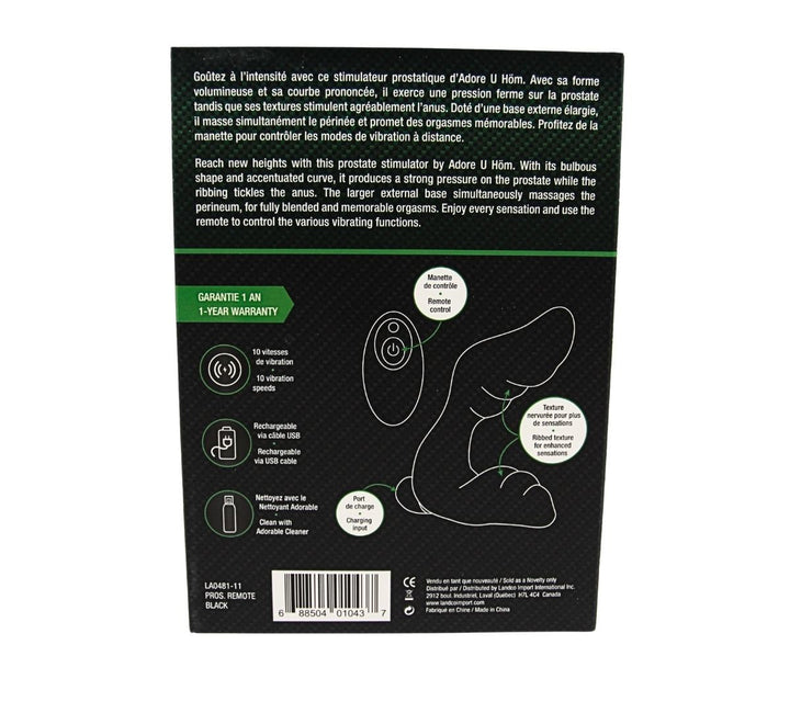 Adore U Hom Flared Prostate Vibrator W/ Remote Control back of box