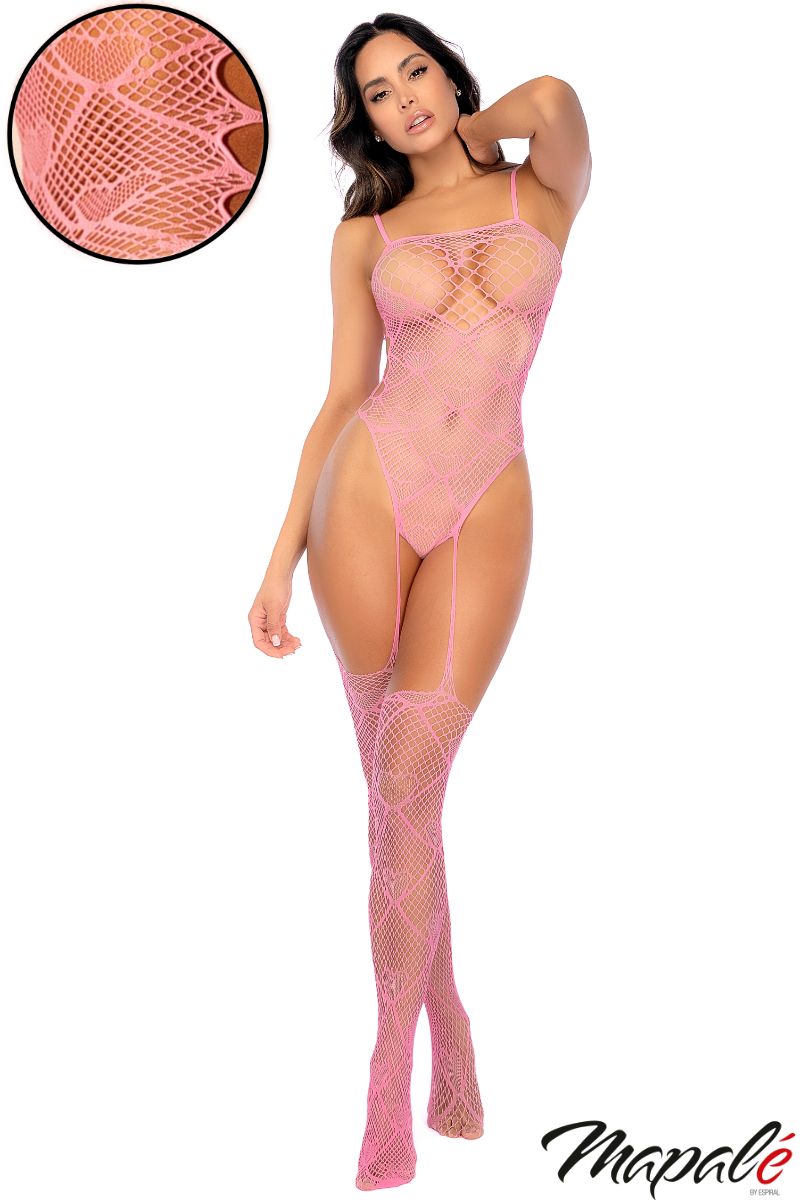 front view and closeup pattern of pink heart bodysuit w/ garter