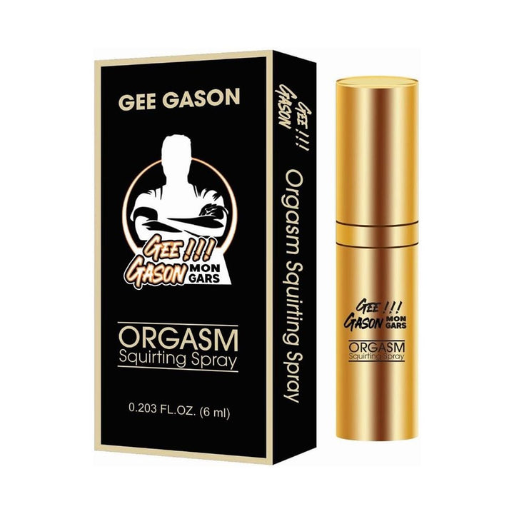 Orgasm spray bottle displayed next to packaging 