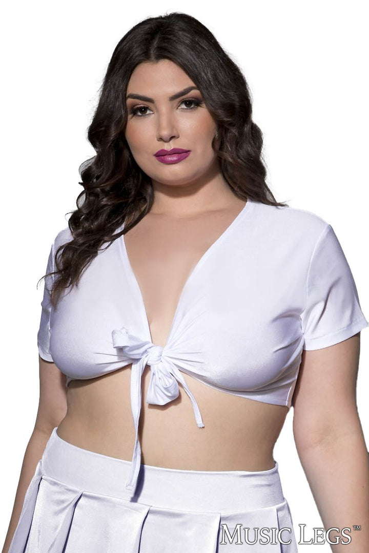 front view of model wearing white tie top
