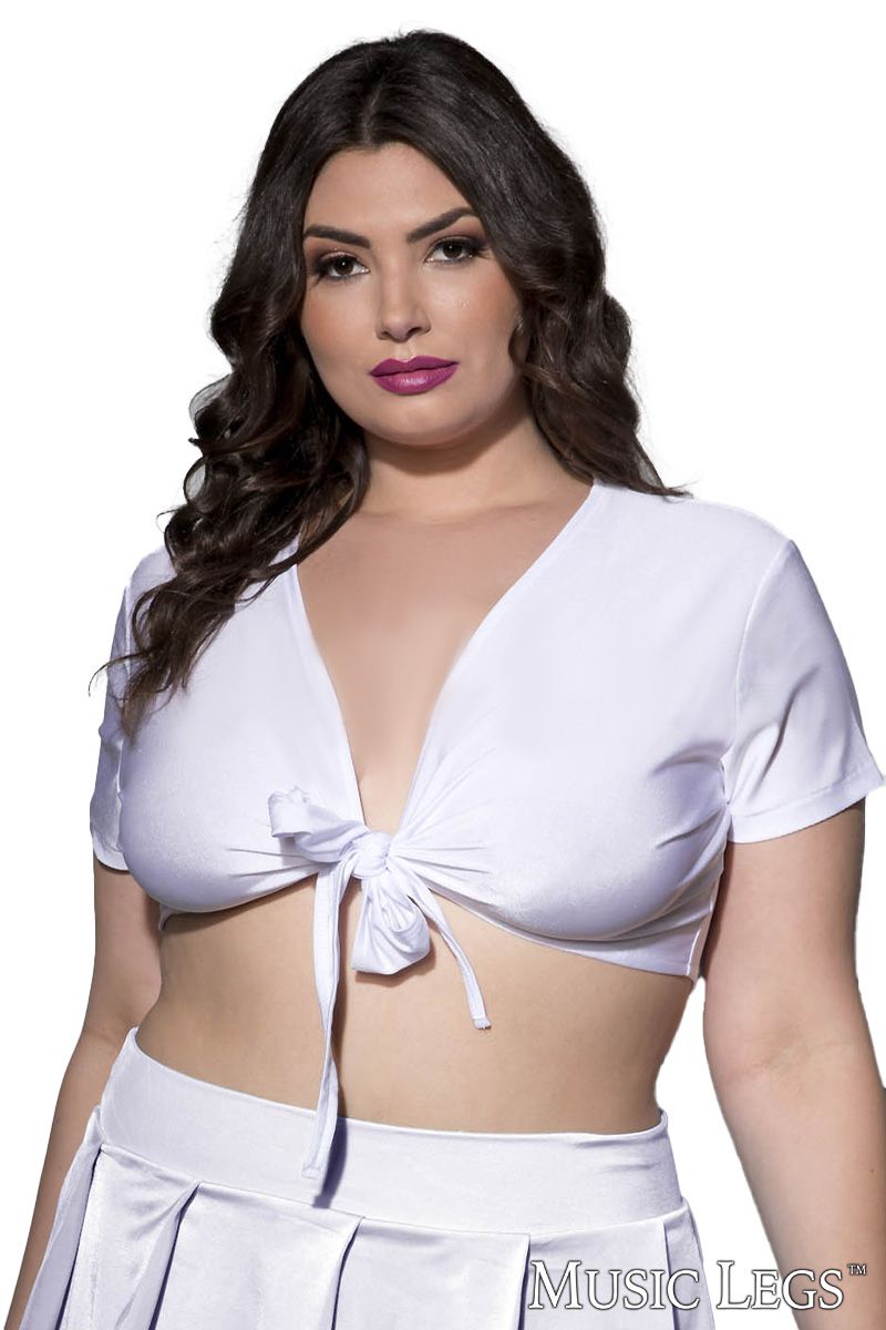 front view of model wearing white tie top
