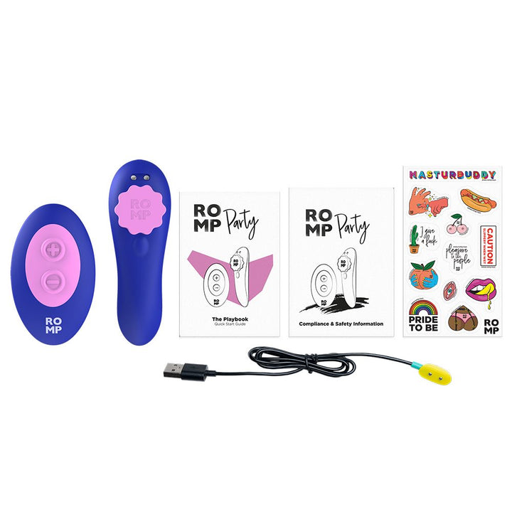 PARTY by Romp Magnetic Wearable Vibrator W/ Remote Box Contents
