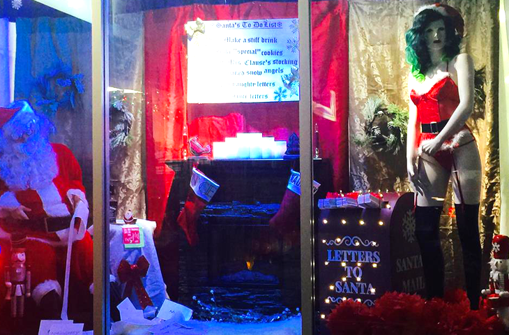 Sexessories adult store in Parksville Christmas 2018 window display