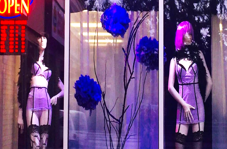 Sexessories Adult boutique in Parksville Purple themed window display