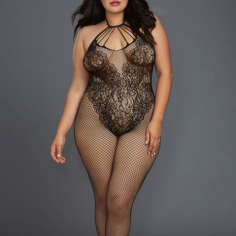 Dreamgirl black fishnet bodystocking & teddy lingerie set from the front