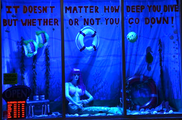 Sexessories in Parksville's mermaid under the sea themed window display from 2016