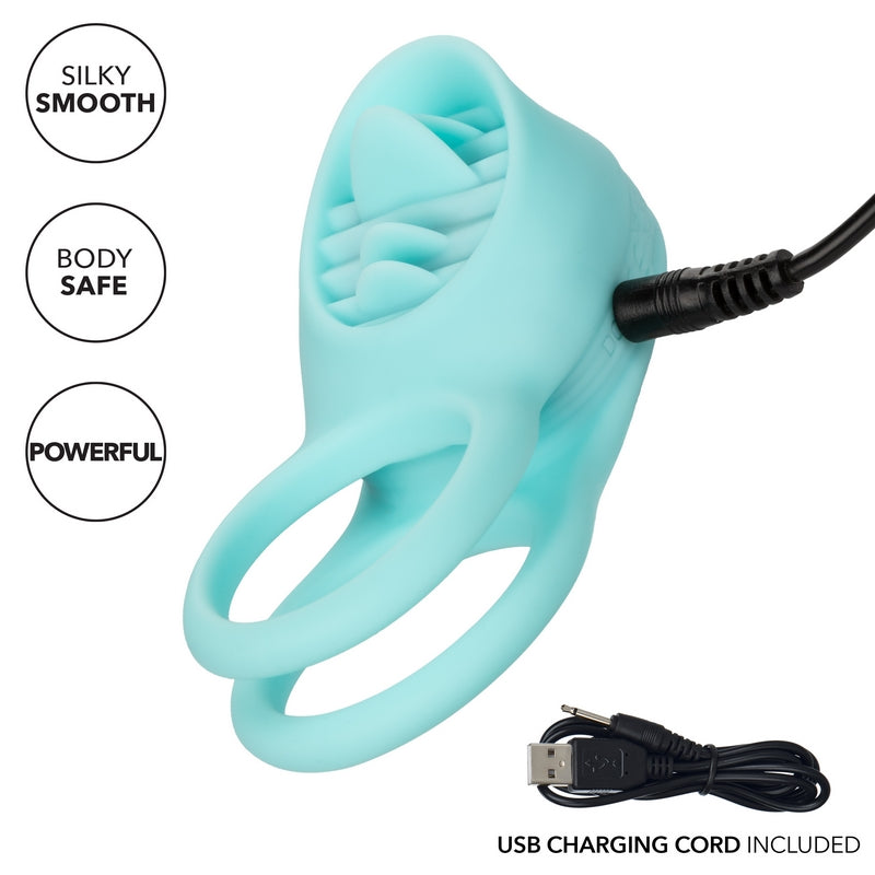 Silicone Rechargeable 12 vibration functions & a flickering tongue teaser improve stamina and girth with double cock ring