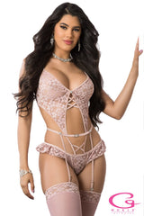 G-World Deep Rose 2pc Corset Strappy Teddy W/ Stockings - B2113 - Lingerie & Hosiery - Sexessories Parksville