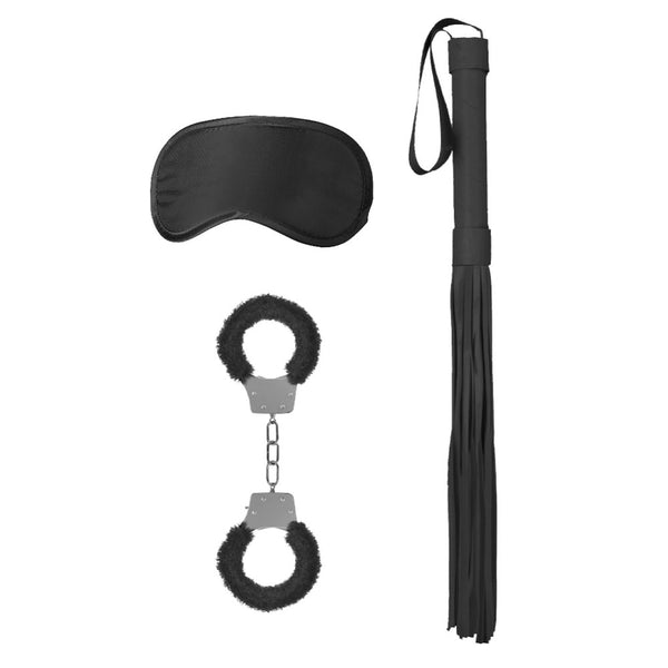 Picture of Ouch Intro Bondage Kit contents - flogger, mask, and hand handcuffs