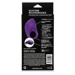 Passion enhancer back of box features include: 7 intense functions, easy push button control, stretchy and comfortable, USB rechargeable