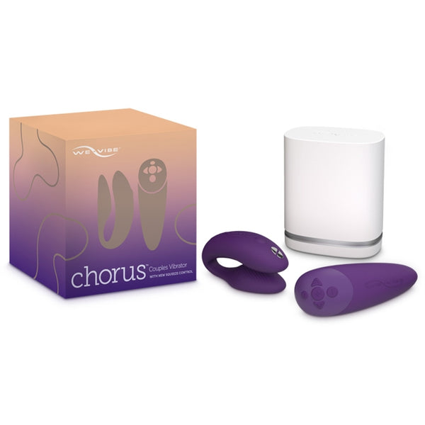 We-Vibe Chorus App and Remote Controlled Couples Vibrator in Purple. Showing box, squeeze control remote, and charging station dock