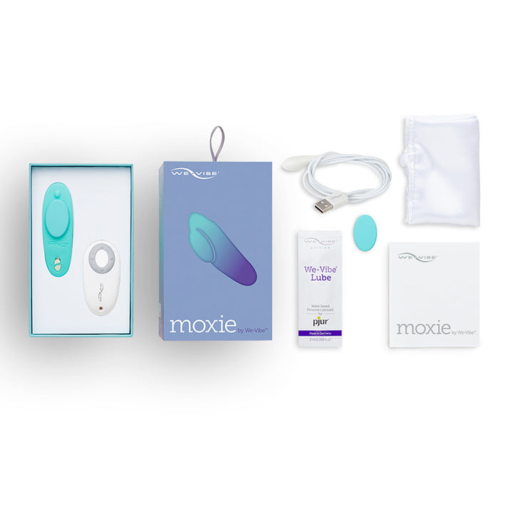 Moxie includes remote control, lubricant, USB charge cable, and silky carrying bag